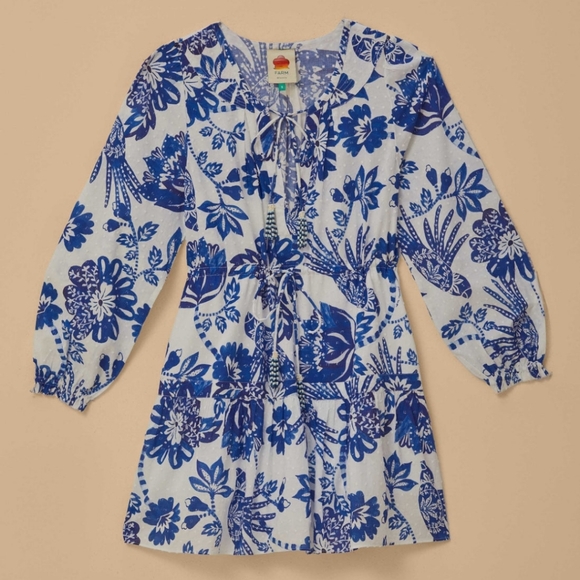 Farm Rio - off white Flowerful Birds long sleeve mini dress Large. - Picture 5 of 8